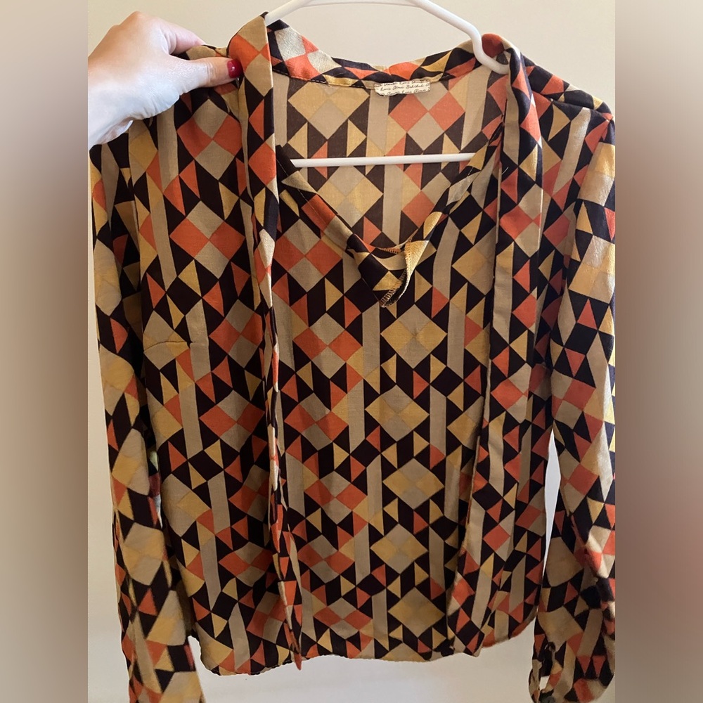 70s multicolored funky pattern long sleeve light shirt yellow orange brown